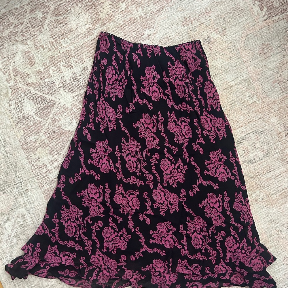 Black & Pink Floral Midi Skirt